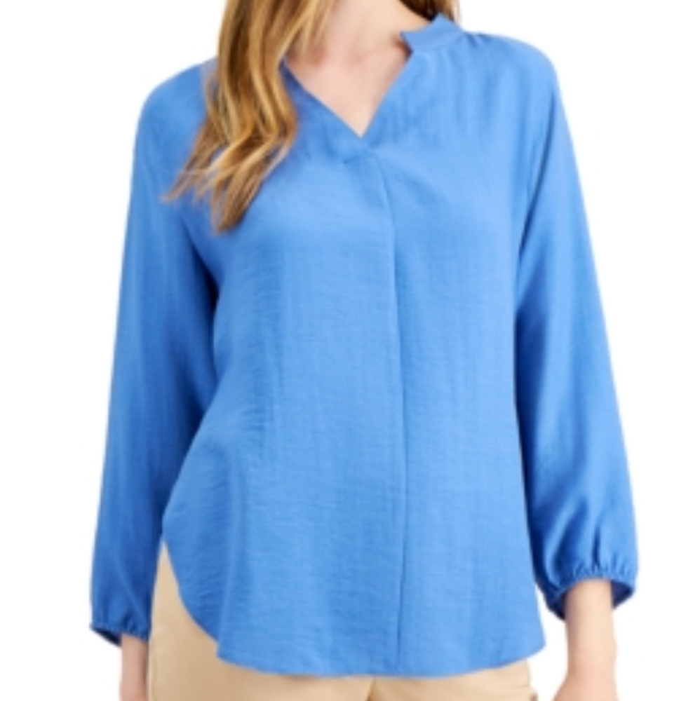 NWT ALFANI LINEN TIE BACK Blue V-Neck Blouse